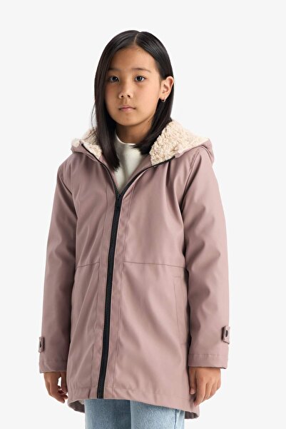 DeFacto Girls' Water Repellent Hooded Faux Fur Lined Long Raincoat C5229A824Au
