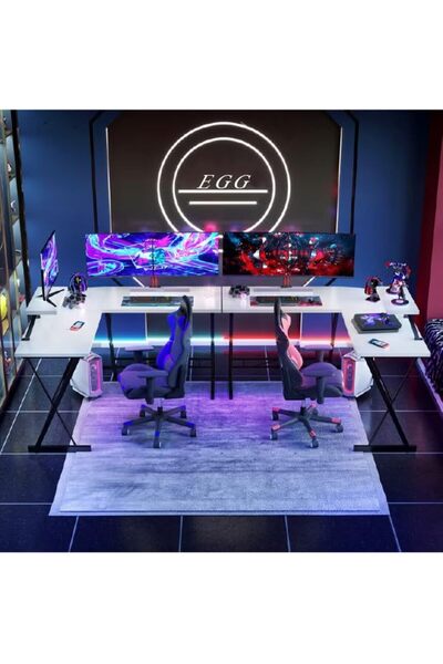 EGG Minimalist L-shaped white corner desk with monitor stand: for gaming, office & study. 130x50x74cm.