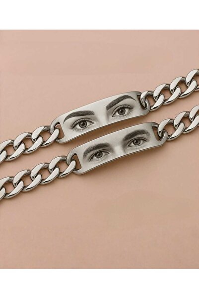 Vamoria Kişiye Özel Tasarlanabilir İsimli Göz Baskılı Çelik Çift Bilekliği (2...