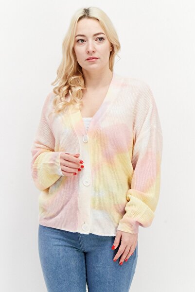 TAIFUN Women V-Neck Long Sleeve Tie Die Cardigans, Yellow/Pink Combo
