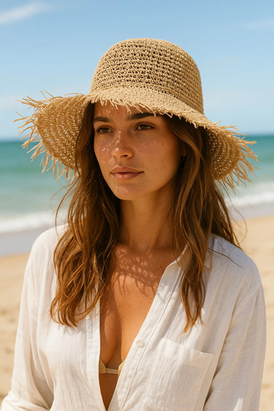 Luminos Butik قبعة من القش محبوكة يدويًا من Camel Natural - حافة واسعة مع شرا...