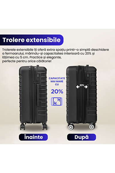 Quasar & Co. Set 3 trolere,S/M/L,Model Line, 4 roti maner telescopic, cifru, ABS, Negru
