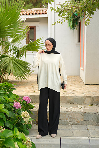 LOCCO Pulover de damă cu guler rotund oversize, bej