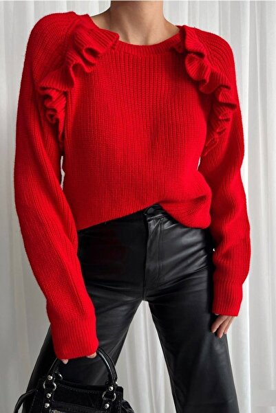 lovebox Women's Knitwear Fabric Oversize Red Sweater with Collar Part Design Detail 0244