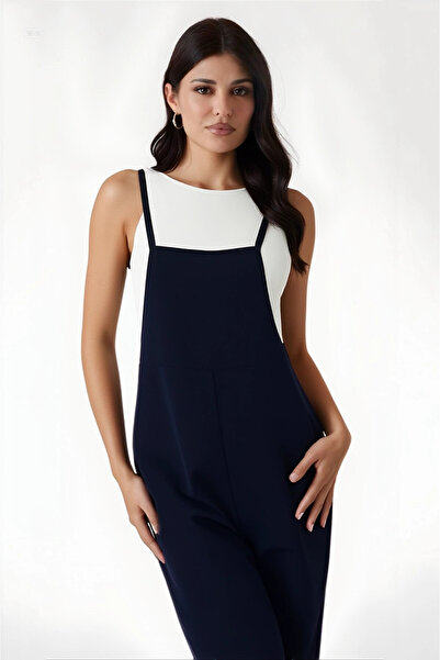 hazelin Women's Navy Blue Adjustable Strap Pocketed Wide Leg Gardener Overalls Hzl22S-Bd170191
