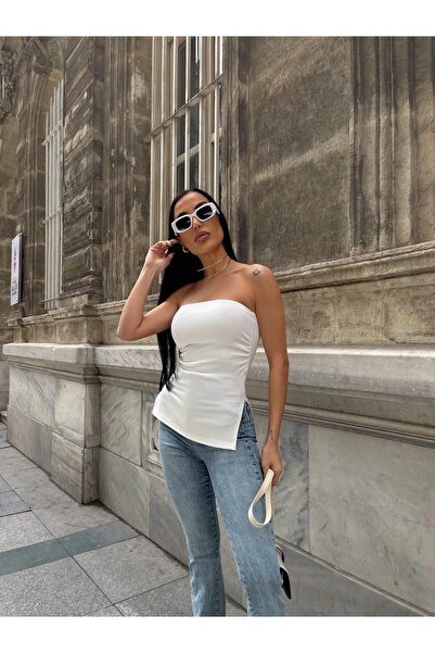 hazelin Bluză albă fără bretele - adunată lateral, fante duble HZL24S-ZK13091