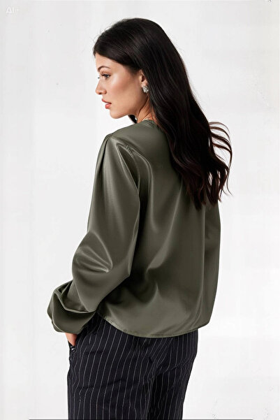 hazelin Kadın Haki Hafif Dökümlü Saten Yüzeyli Gömlek Hzl22w-bd139641
