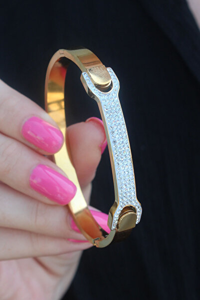 Lisinya أصفاد نسائية من الفولاذ 316L بلون ذهبي مع أحجار الزركون -