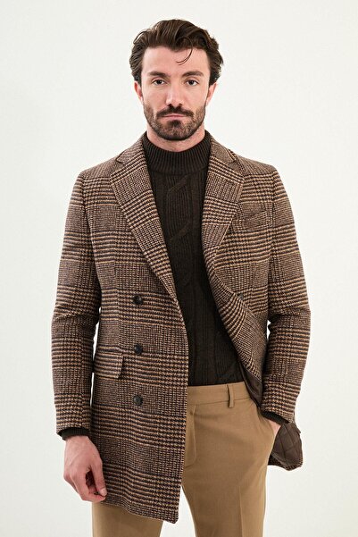 Mcr Plaid Slim Fit Wide Collar Double Breasted Wool Men's Coat Camel - 21328.25K