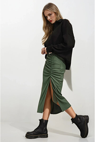 hazelin Women's Emerald Green Elastic Waist Slit Long Skirt Hzl22S-Bd118801