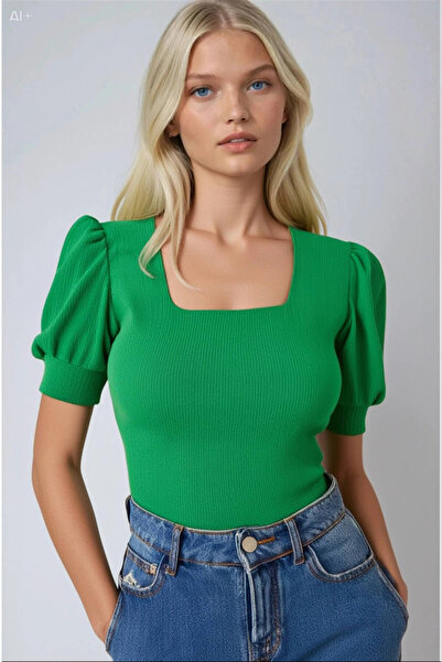 hazelin Γυναικεία πλεκτή μπλούζα με πράσινη τετράγωνη λαιμόκοψη HZL22W-BD104091