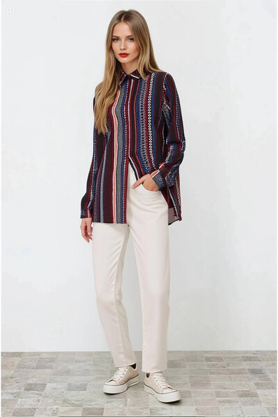 hazelin Women's Black Ethnic Patterned Multicolor Viscose Shirt HZL23W-BD137851