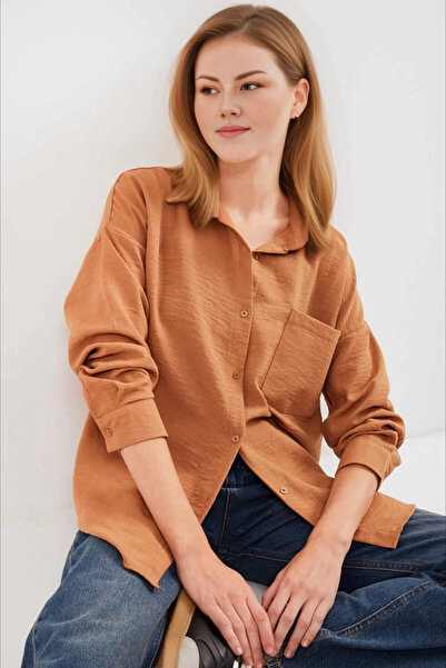 hazelin Πουκάμισο Camel Linen Oversize - Μονό τσεπάκι, HZL24S-BD1201531