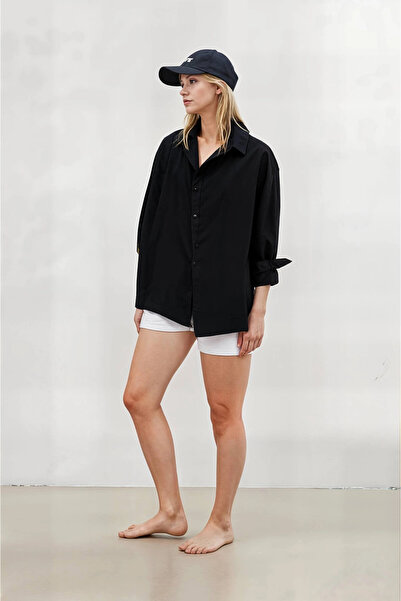 hazelin Cămașă de bază lungă supradimensionată neagră pentru femei HZL22W-BD139001