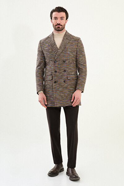 Mcr Plaid Slim Fit Wide Collar Double Breasted Wool Men's Coat Beige - 21328.25K