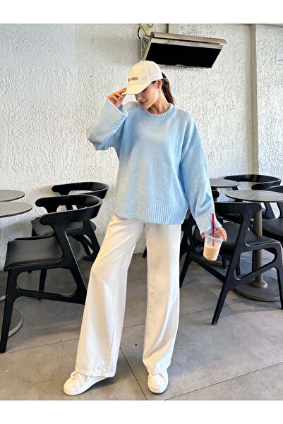 Hatun Atila Oversize Loose Soft Textured Ribbed Knitwear Sweater 2623 - Blue