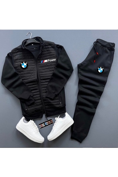 NewCabin New Season Mpower Printed Cotton Quilted Jacket-Sweatpants-Sweat 3-Piece Top-Bottom Set