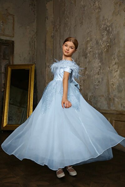 By Feyza Kids Collection Kız Çocuk Abiye Elbise Kabarık Taş Süslemeli Pullu Prenses Model – Pembe Beyaz Mavi – 7-14 Yaş