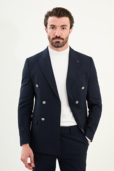 Mcr Çizgili Slim Fit Geniş Yaka Kruvaze Metal Düğmeli Erkek Takım Elbise Lacivert - 45408.25K