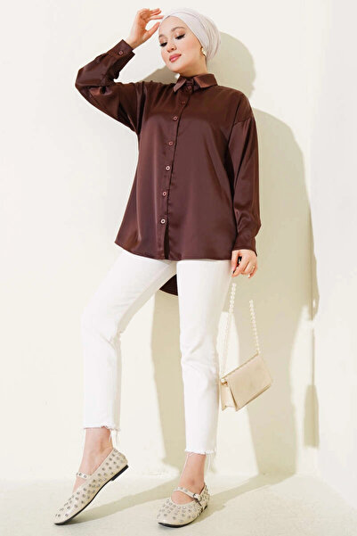hazelin Γυναικείο πουκάμισο Hijab σε καφέ σατέν επιφάνεια HZL25W-BD 139641