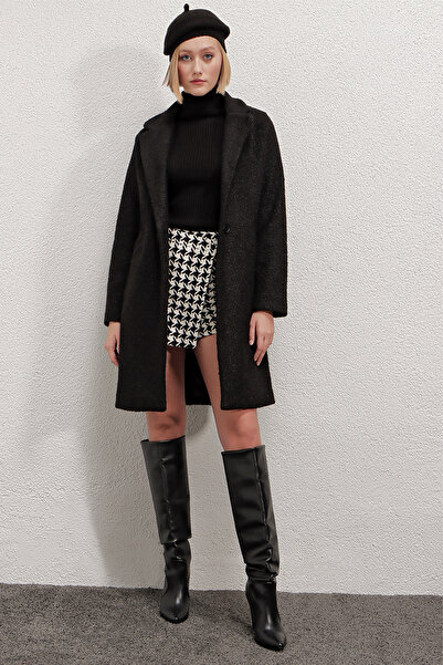 hazelin Women's Black Single Button Double Pocket Lined Boucle Cashmere Coat Hzl22W-Bd190821