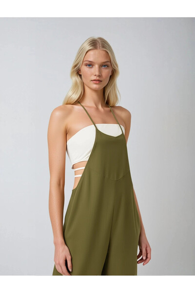 hazelin Women's Khaki Adjustable Strap Pocketed Wide Leg Gardener Overalls Hzl22S-Bd170191