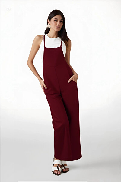 hazelin Women's Claret Red Adjustable Strap Pocket Wide Leg Gardener Overalls Hzl22s-bd170191