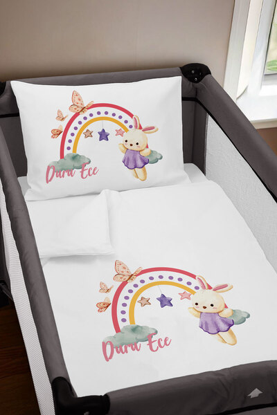 Homamia Isme Özel 75x120 Park Yatak Beşik Nevresim Takımı Tavşan ve Kelebek