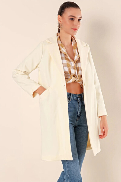 hazelin Women's Ecru Single Button Double Pocket Lined Stylish Cashmere Coat Hzl23W-Bd190851