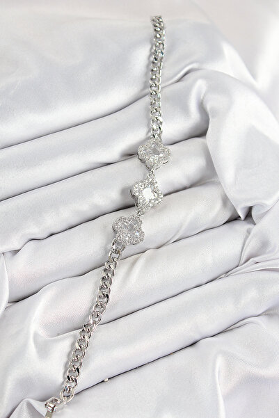 Lisinya سوار نسائي من النحاس والزركون الحجري على شكل برسيم موديل فضي اللون -