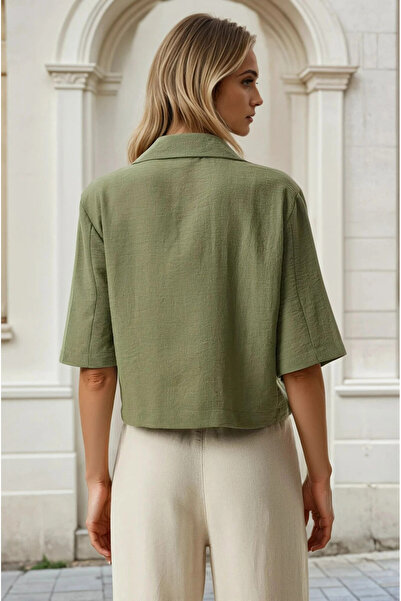hazelin Khaki Linen Ayrobin Jacket - Short Sleeve, Shawl Collar, Buttoned, Seasonal HZL24S-BD107061