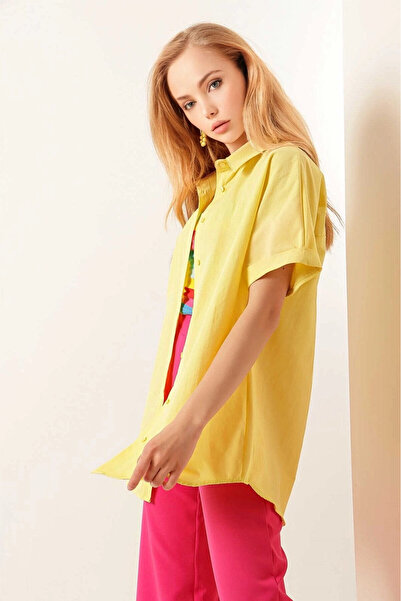 hazelin Women's Yellow Oversize Long Short Sleeve Basic Poplin Shirt Hzl22S-Bd1201201