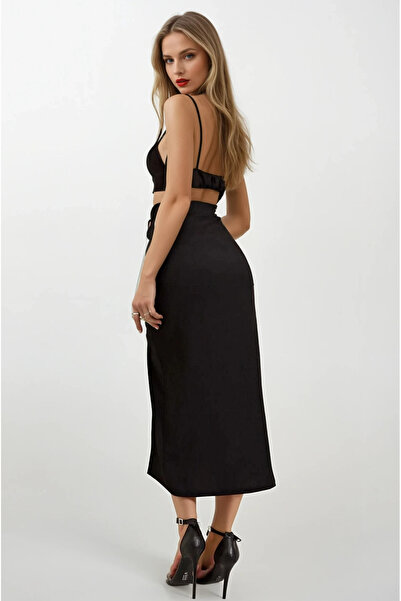 hazelin Women's Black Elastic Waist Slit Long Skirt Hzl22S-Bd118801