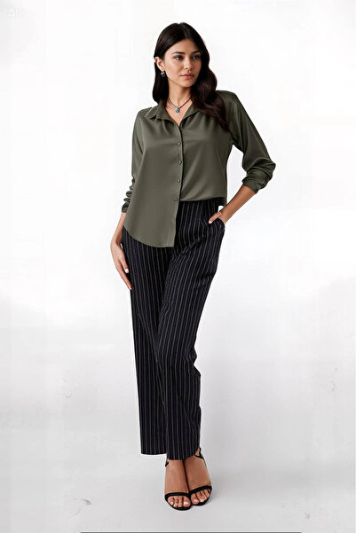 hazelin Kadın Haki Hafif Dökümlü Saten Yüzeyli Gömlek Hzl22w-bd139641