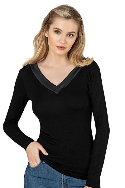 ÖZKAN underwear Özkan 26984 Kadın Likralı Ring Viskon Esnek Rahat Saten Yakalı Uzun Kollu Bluz