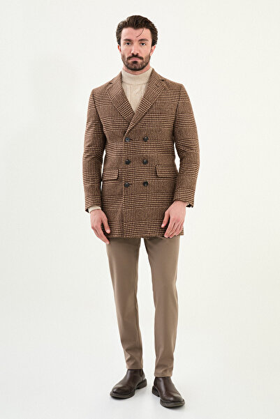 Mcr Plaid Slim Fit Wide Collar Double Breasted Wool Men's Coat Brown - 21328.25K