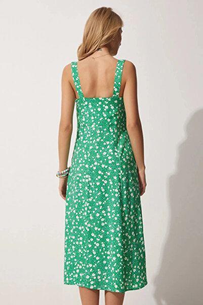 hazelin Green and White Floral Viscose Summer Dress - Square Collar HZL23S-BD122821