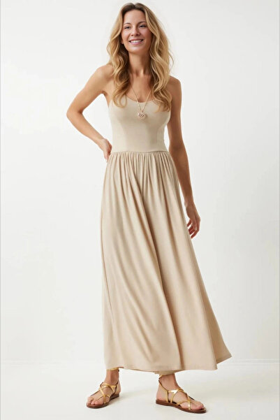 hazelin Cream Colored Adjustable Strap Summer Jumpsuit - Wide Leg, Elastic Waist, HZL24S-BD170291