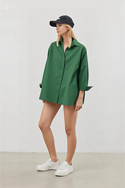 hazelin Γυναικείο Σμαραγδένιο Πράσινο Oversize Μακρύ Βασικό Πουκάμισο HZL22W-BD139001