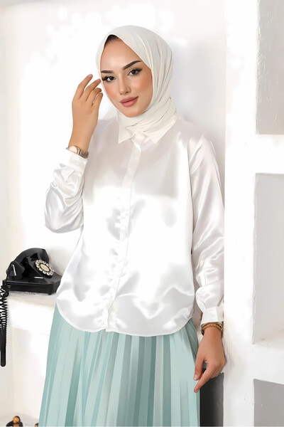 hazelin White Hijab Satin Shirt - Small and Large Size, Lightly Flowy Surface HZL25W-BD139641