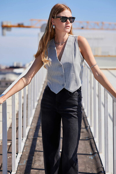 hazelin Gray Striped Women's Vest - Buttoned and Unlined, Woven HZL24S-BD167941
