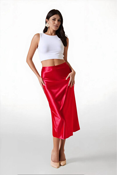 hazelin Kadın Kırmızı Saten Yüzeyli Beli Lastikli Midi Boy Etek Hzl23S-BD1101471