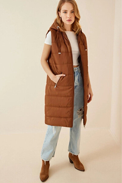 hazelin Women's Chocolate Fixed Hooded Lined Long Puffer Vest Hzl22W-Bd151401