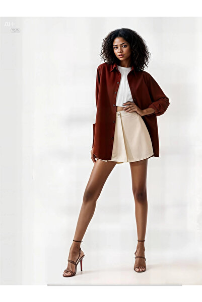 hazelin Γυναικείο Καφέ Oversize Μακρύ Βασικό Πουκάμισο Hzl22w-bd 139001