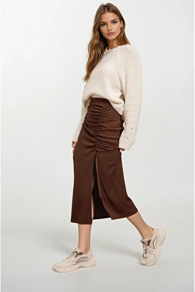 hazelin Дамска кафява пола с еластична талия и разрез HZL22S-BD118801