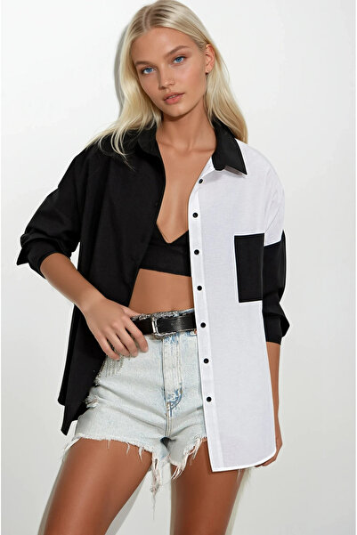 hazelin Cămașă de bază din popelin cu blocuri de culoare alb-negru pentru femei HZL22S-BD1201161