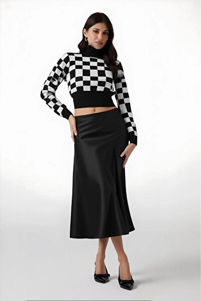 hazelin Women's Plain Black Satin Finished Midi Length Skirt with Elastic Waist Hzl23s-bd1101471