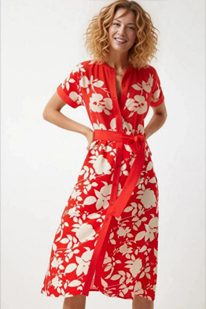 hazelin Red Cream Viscose Summer Dress - Belted and Buttoned, Floral Pattern HZL24S-BD124551