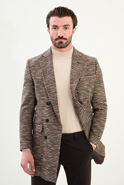 Mcr Plaid Slim Fit Wide Collar Double Breasted Wool Men's Coat Beige - 21328.25K