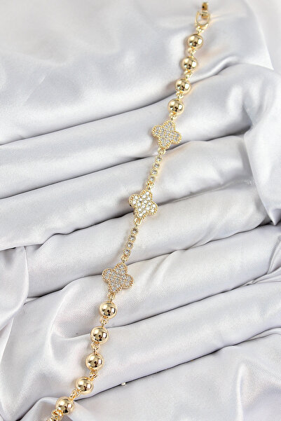 Lisinya سوار نسائي من النحاس والزركون الحجري على شكل برسيم ذهبي اللون -